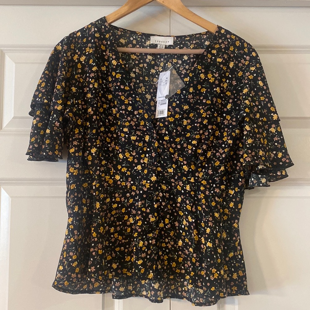 TopShop Black/Yellow Flowers Flutter Top
